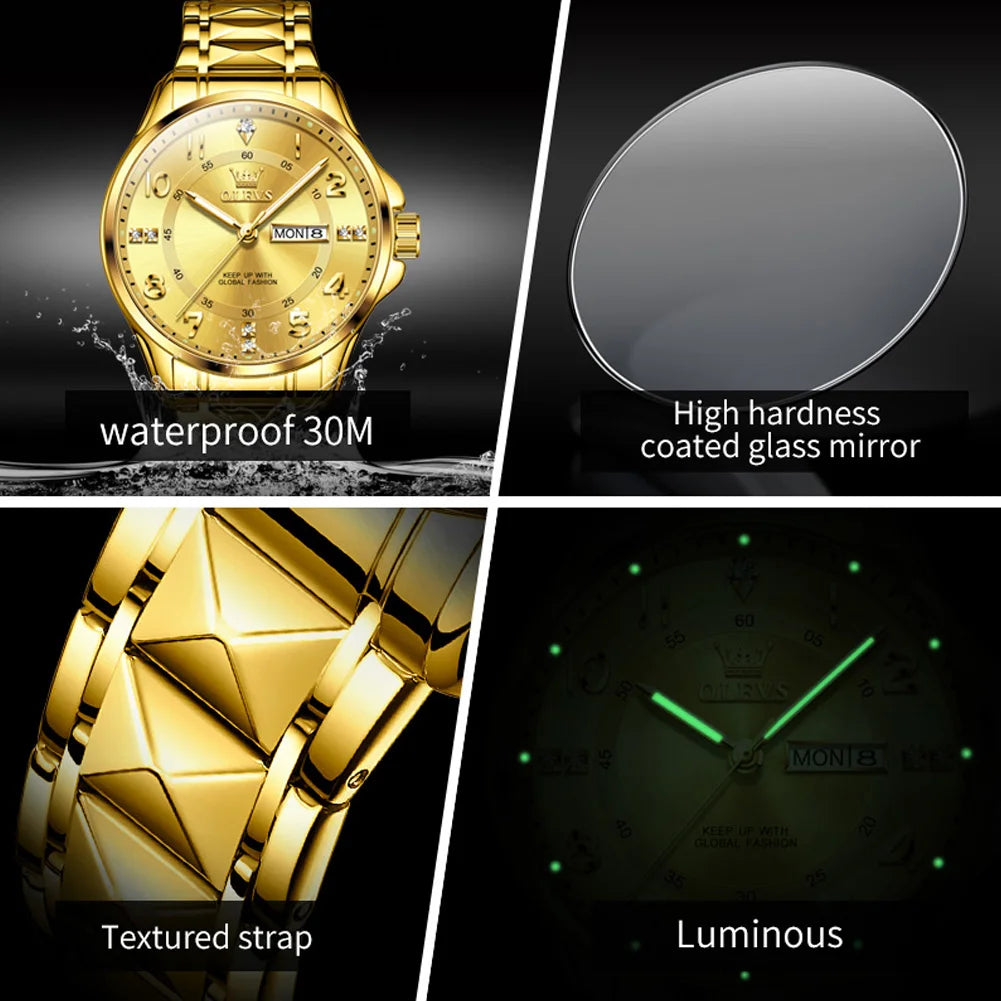 OLEVS High Quality Luxury Fashion Quartz Watches for Couple Original Stainless Steel Calendar Luminous Waterproof Couple Watches