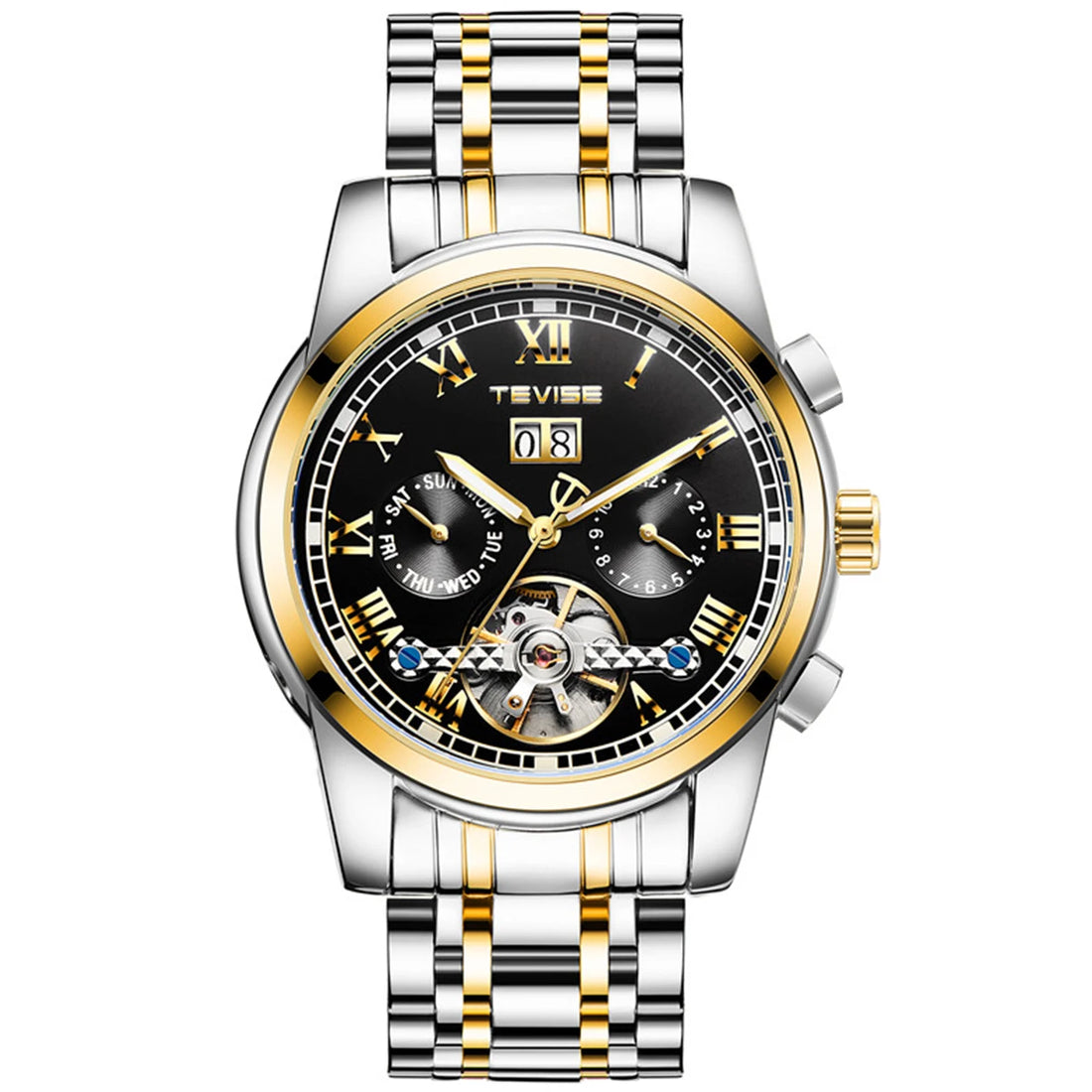 TEVISE Automatic Watch for Men Tourbillon Self-Wind Luxury Stainless Steel Strap Waterproof Luminous Date Wrist Watch